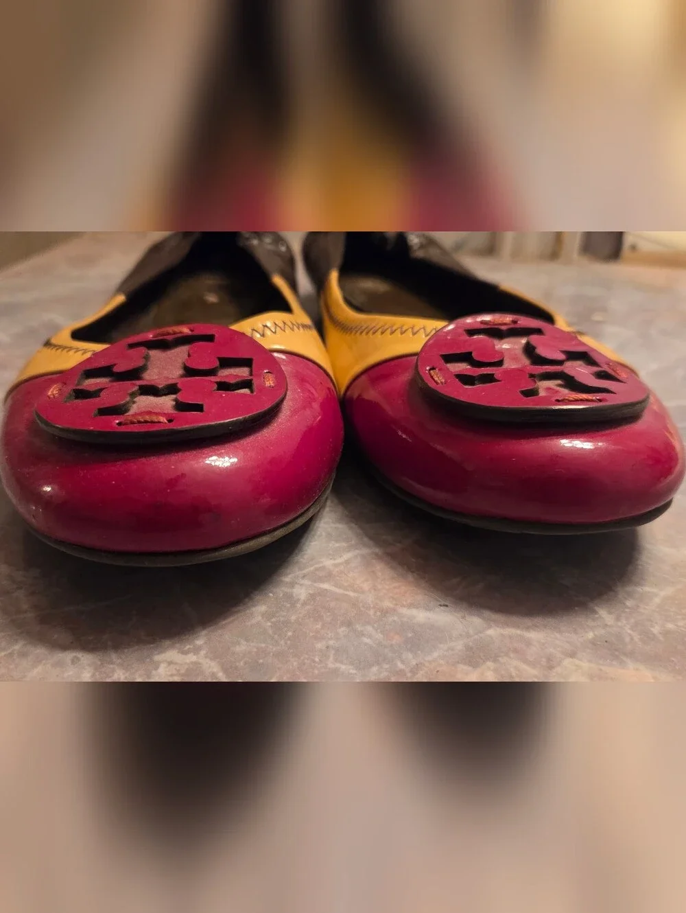 Tory Burch Red, Yellow And Brown Patent Leather Ballet Flats